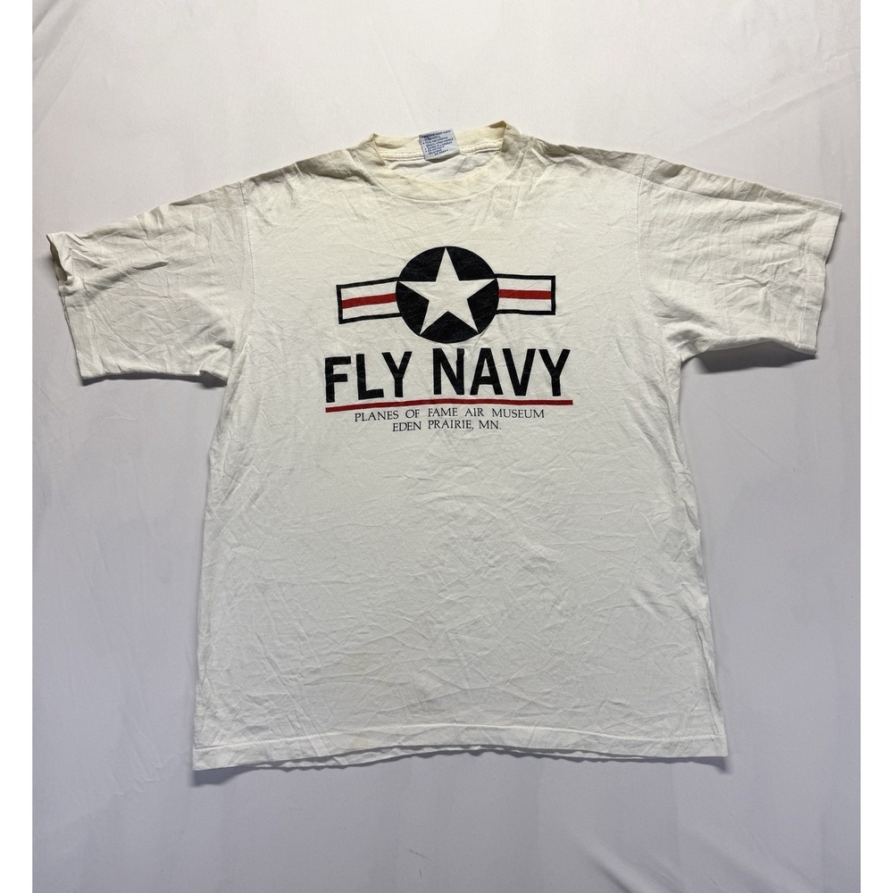 Vintage All Sport Proweight T Shirt Mens Large Cream Graphic Fly Navy Planes